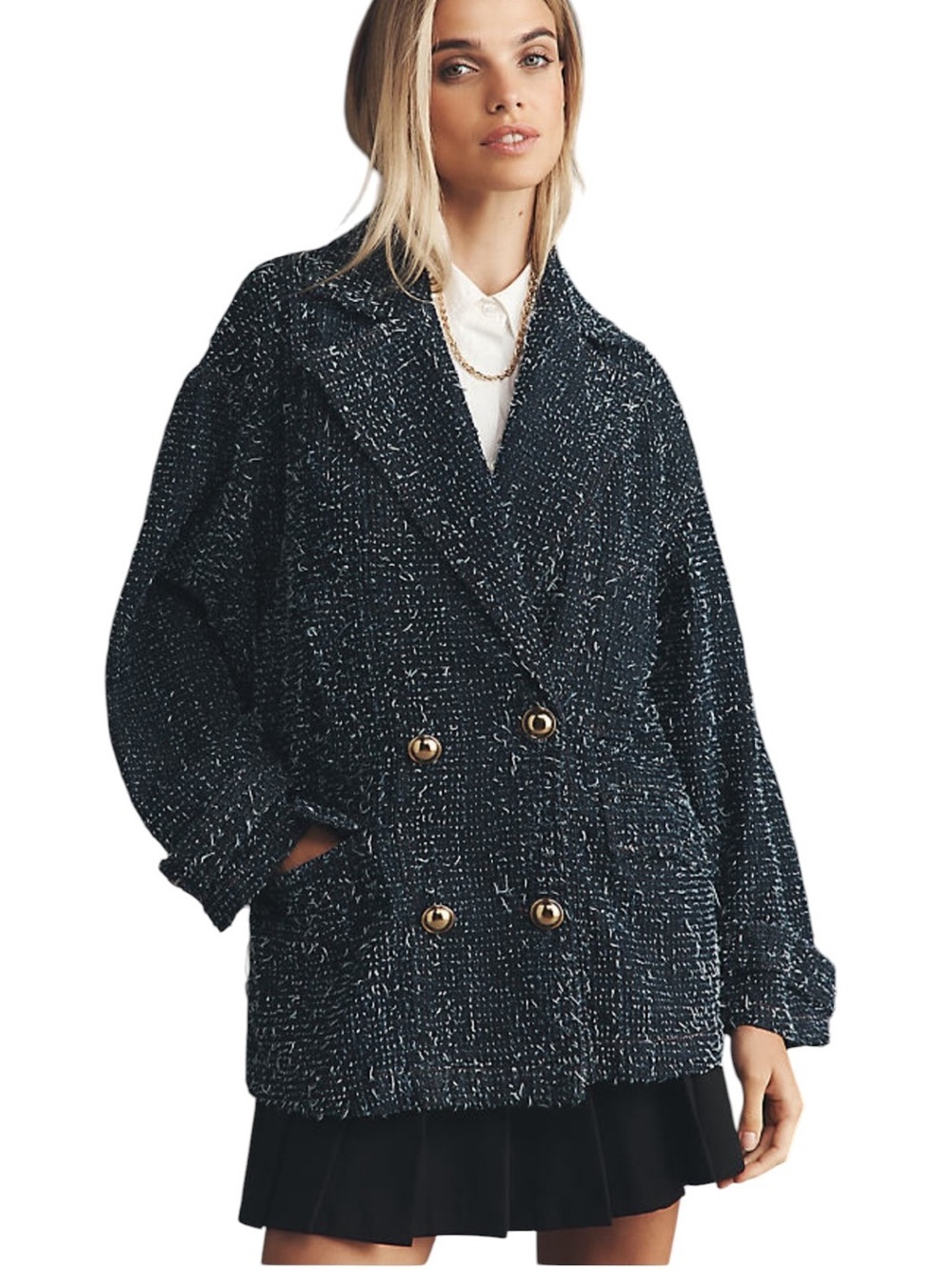 Anthropologie Maeve Cotton Oversized Needle-Punched Denim Blazer Blue Size XS